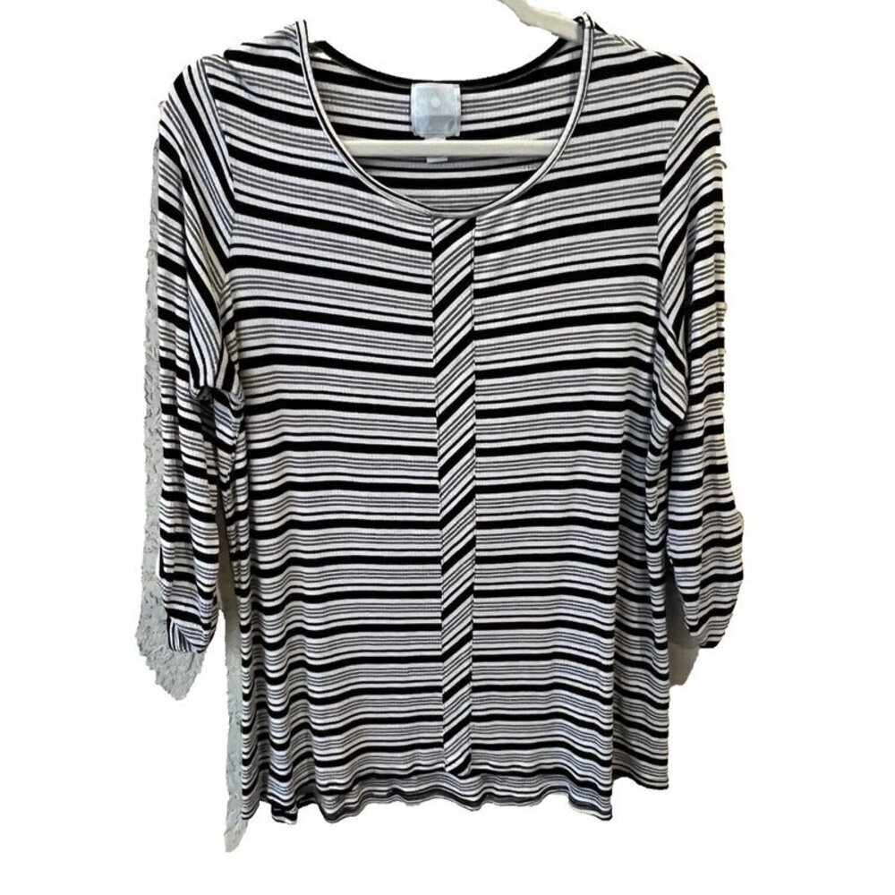 Sunday - Women's Black and White Striped Stretch Scoop Neck Tunic Plus Size 1X - Picture 9 of 16